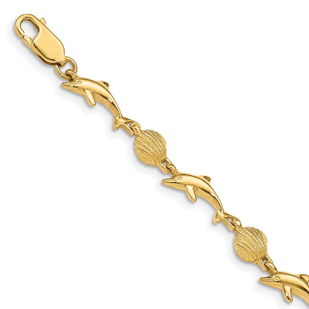 14k Yellow Gold Dolphin and Shell Bracelet - 7 Inch, Item B11179 by The Black Bow Jewelry Co.