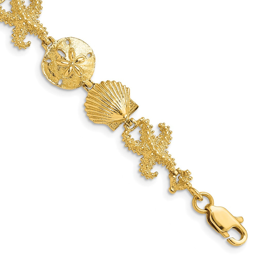 14k Yellow Gold Seashell and Starfish Theme Bracelet - 7.25 Inch, Item B11194 by The Black Bow Jewelry Co.