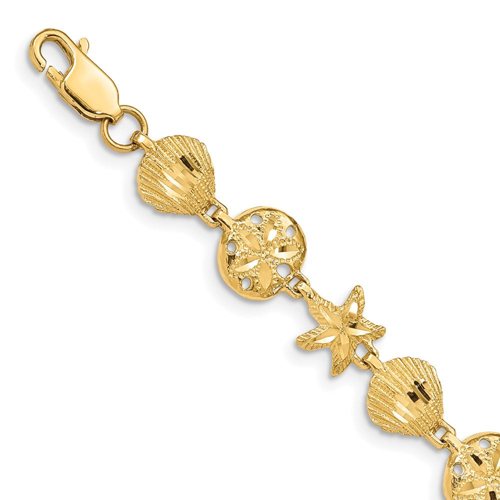 14k Yellow Gold Starfish, Shell, Sand Dollar Beach Bracelet - 7 Inch, Item B11200 by The Black Bow Jewelry Co.