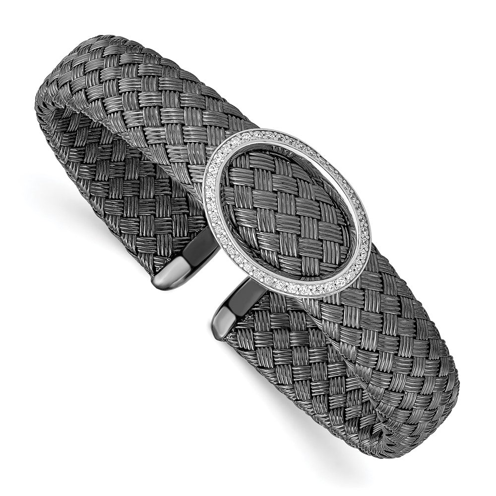 Black Plated Sterling Silver and CZ 12mm Flexible Woven Cuff Bracelet, Item B11587 by The Black Bow Jewelry Co.