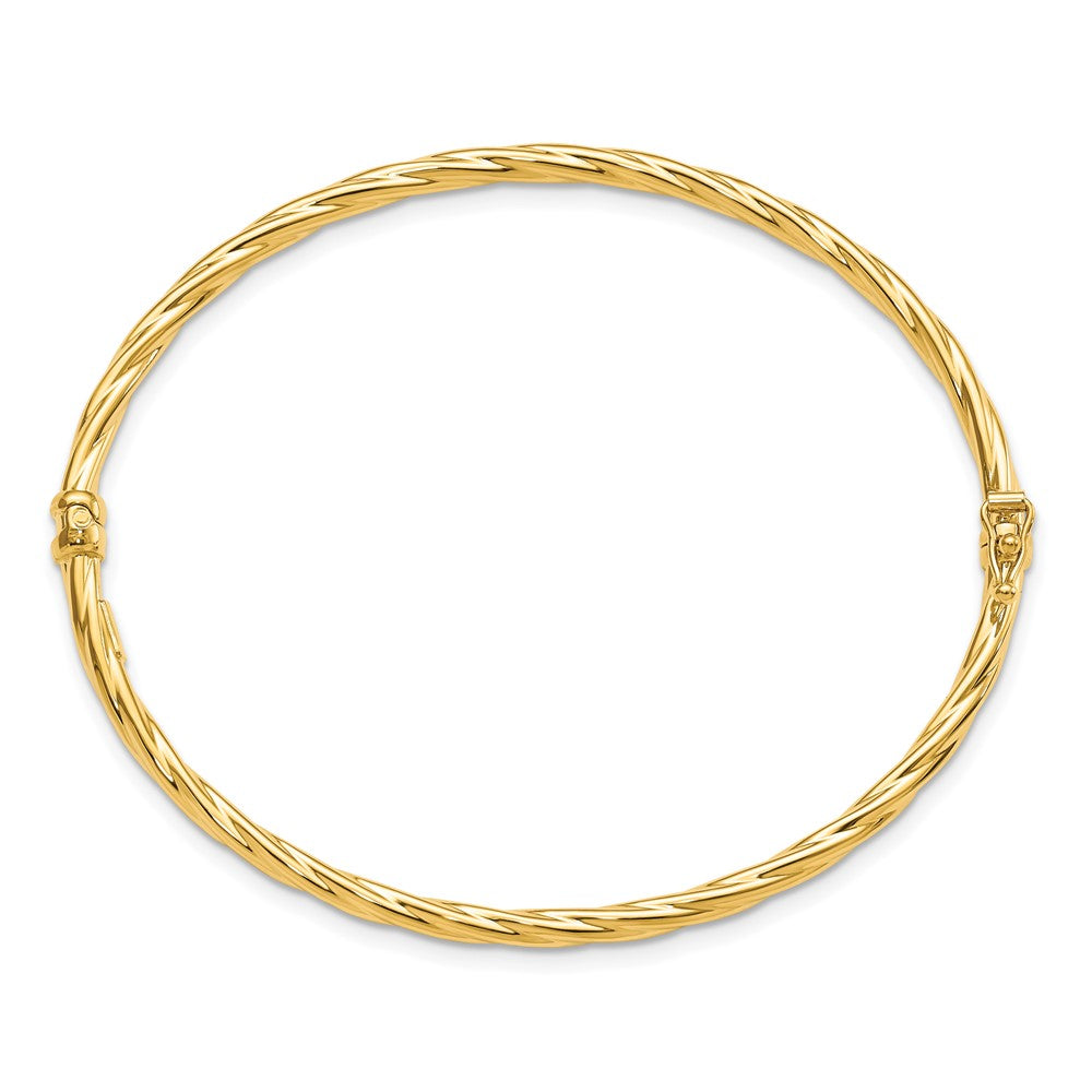 Alternate view of the 3mm 14k Yellow Gold Twisted Hinged Bangle Bracelet by The Black Bow Jewelry Co.