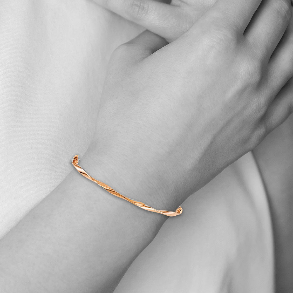 Alternate view of the 3mm 14k Rose Gold Polished Twisted Hinged Bangle Bracelet by The Black Bow Jewelry Co.