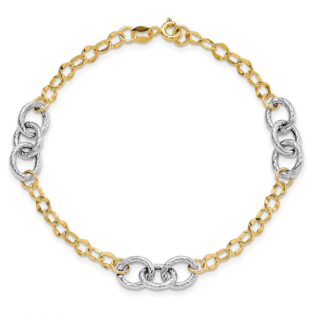 Alternate view of the 14k Two Tone Gold 7mm Polished &amp; Textured Link Chain Bracelet, 7.5 In by The Black Bow Jewelry Co.