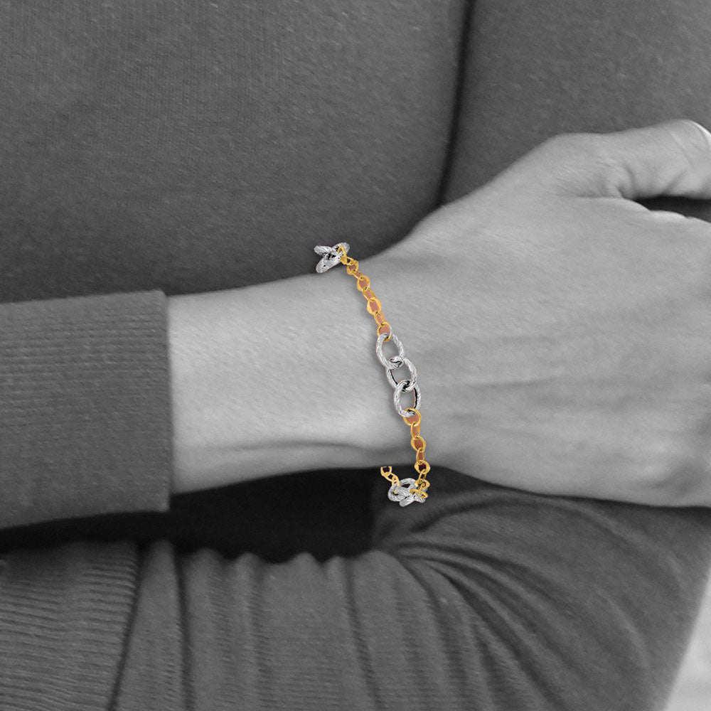 Alternate view of the 14k Two Tone Gold 7mm Polished &amp; Textured Link Chain Bracelet, 7.5 In by The Black Bow Jewelry Co.