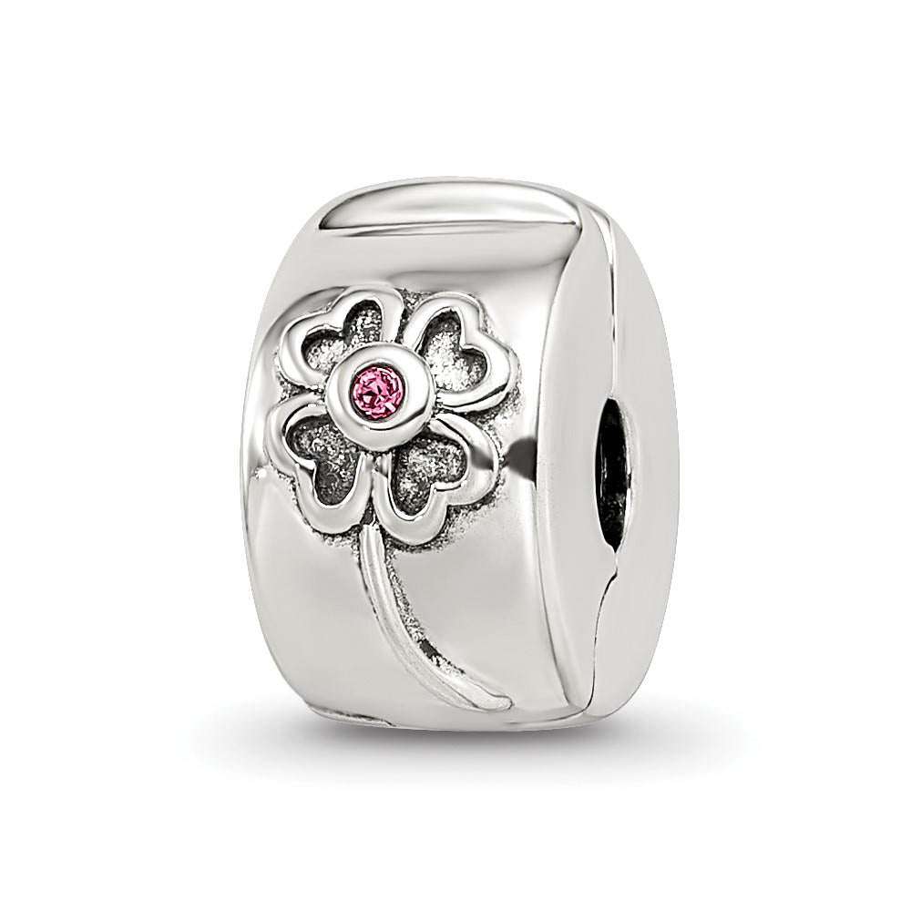 Sterling Silver with Pink Crystals Hinged Flower Clip Bead Charm, Item B11962 by The Black Bow Jewelry Co.