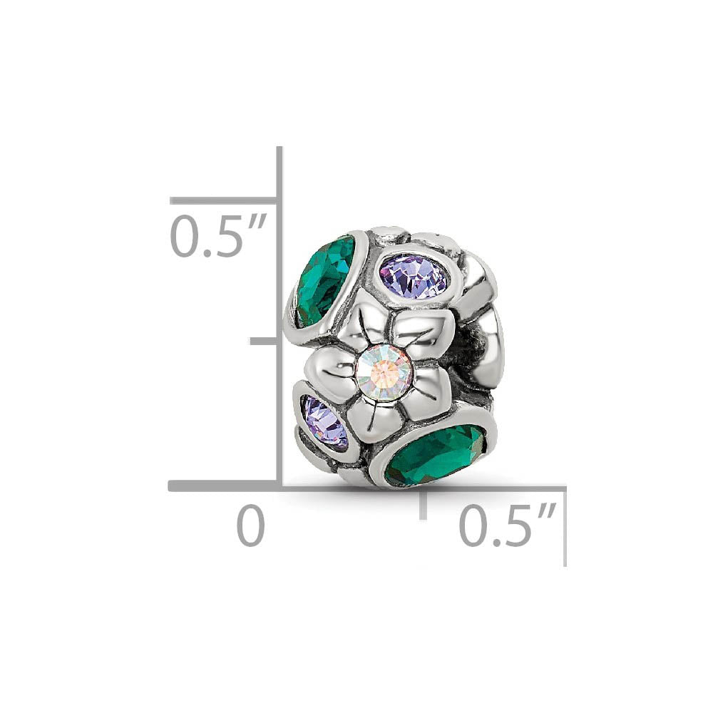 Alternate view of the Sterling Silver with Crystals Purple & Green Flower Bead Charm by The Black Bow Jewelry Co.