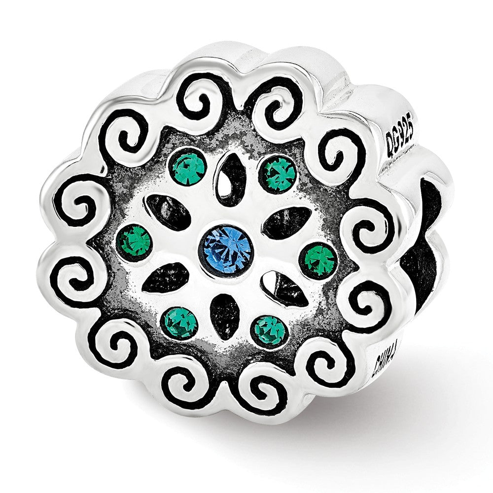 Sterling Silver with Blue &amp; Green Crystals Flower Bead Charm, Item B12014 by The Black Bow Jewelry Co.