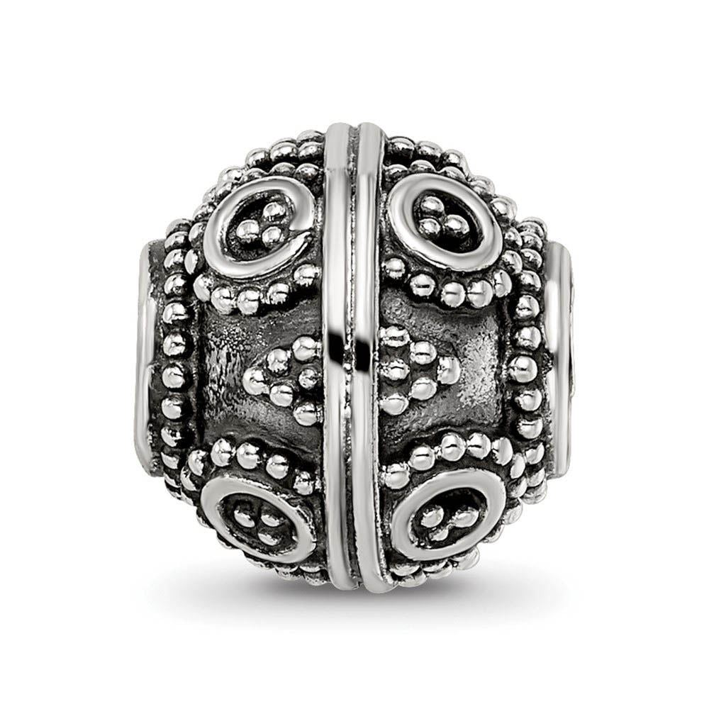 Alternate view of the Sterling Silver Antiqued Artisan Beaded Circle Design Bead Charm by The Black Bow Jewelry Co.