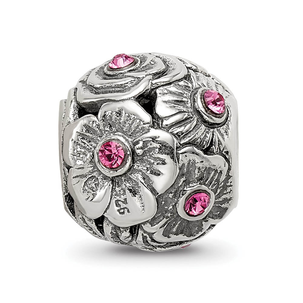Alternate view of the Sterling Silver with Pink Crystals Flower Bead Charm by The Black Bow Jewelry Co.