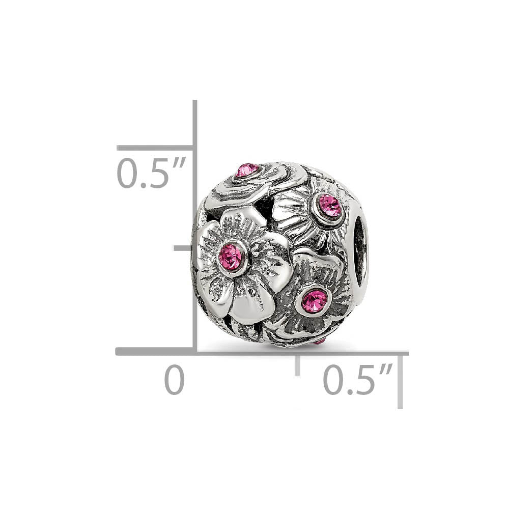 Alternate view of the Sterling Silver with Pink Crystals Flower Bead Charm by The Black Bow Jewelry Co.