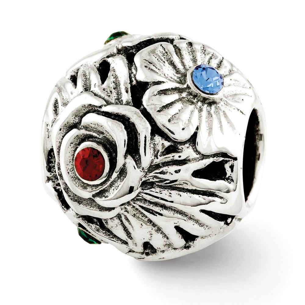 Sterling Silver Multicolor Crystal Flower Bead Charm, Item B12070 by The Black Bow Jewelry Co.