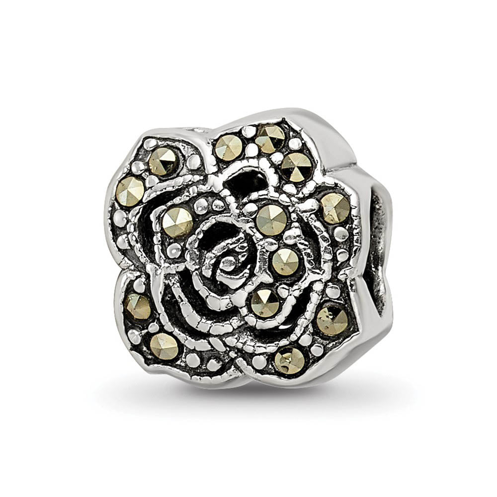 Sterling Silver & Marcasite Antiqued Flower Bead Charm, Item B12077 by The Black Bow Jewelry Co.