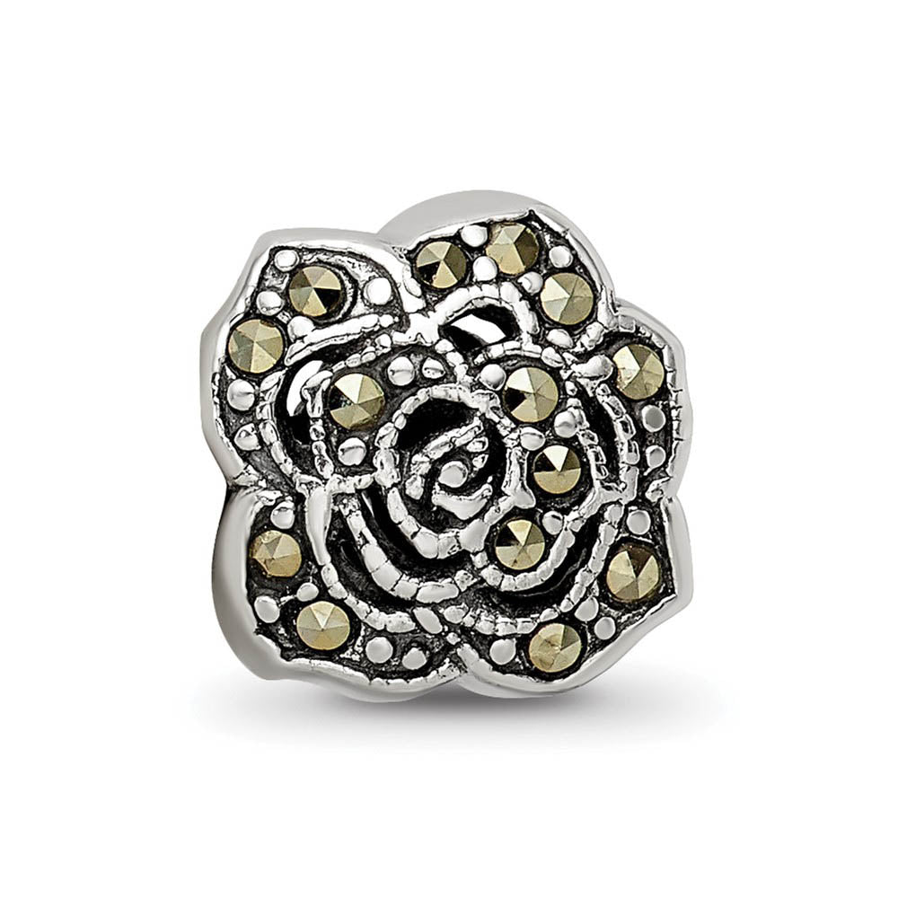 Alternate view of the Sterling Silver & Marcasite Antiqued Flower Bead Charm by The Black Bow Jewelry Co.