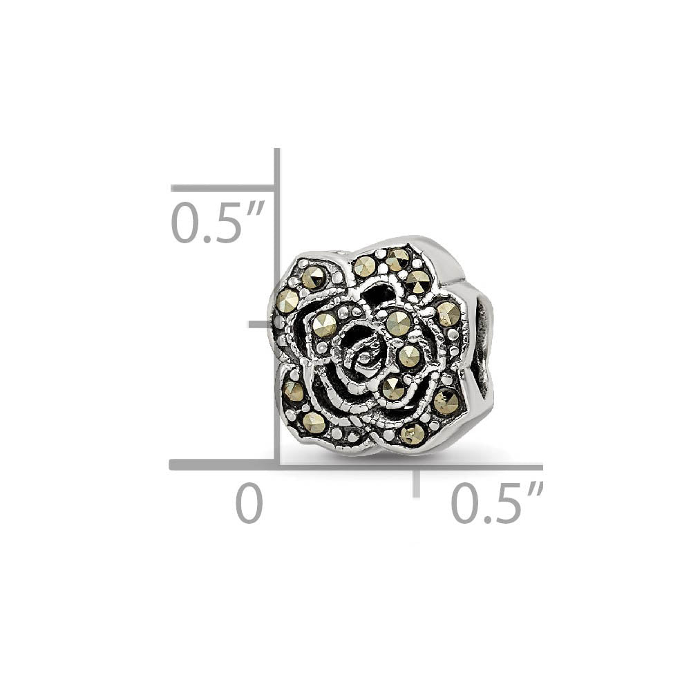 Alternate view of the Sterling Silver & Marcasite Antiqued Flower Bead Charm by The Black Bow Jewelry Co.