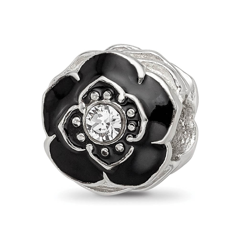 Sterling Silver, Black Enamel & Crystal Antiqued Flower Bead Charm, Item B12084 by The Black Bow Jewelry Co.