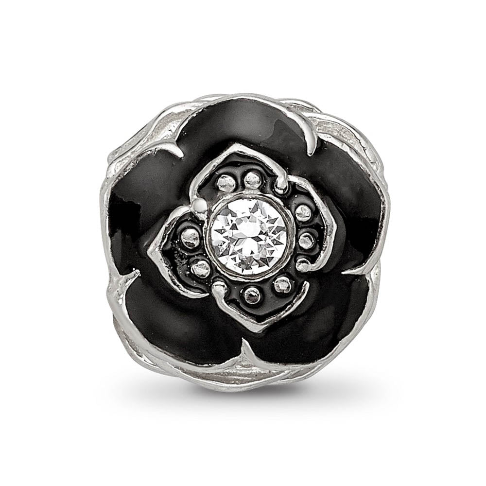 Alternate view of the Sterling Silver, Black Enamel & Crystal Antiqued Flower Bead Charm by The Black Bow Jewelry Co.