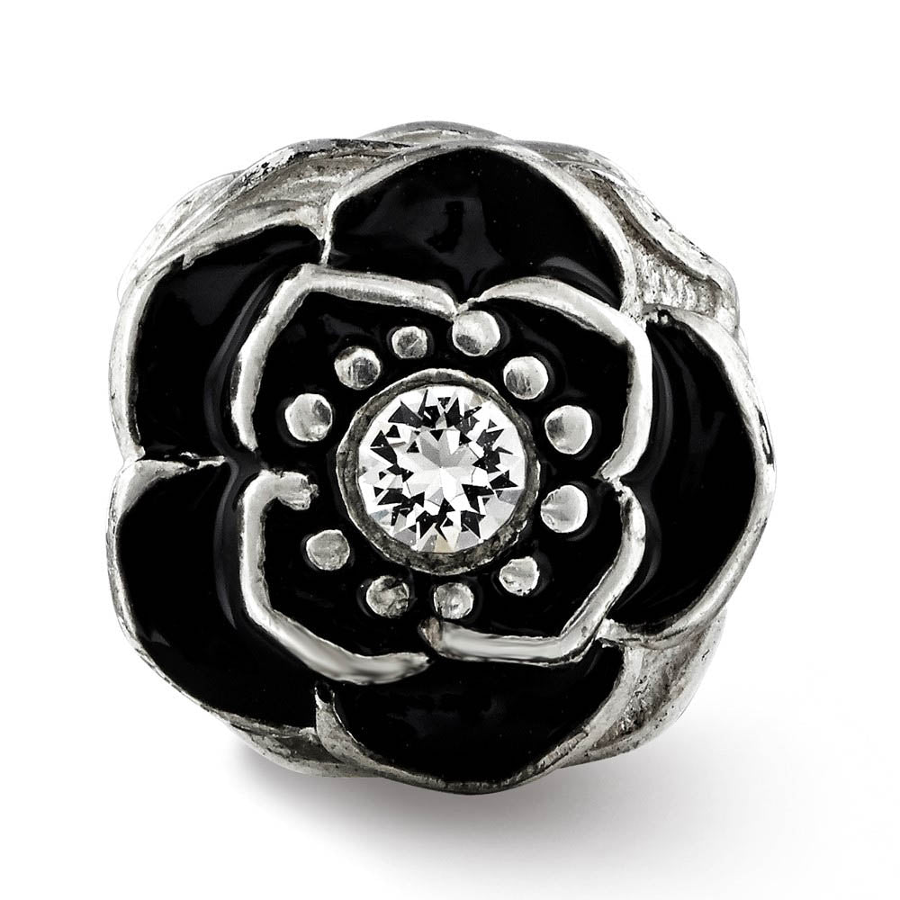 Alternate view of the Sterling Silver, Black Enamel & Crystal Antiqued Flower Bead Charm by The Black Bow Jewelry Co.