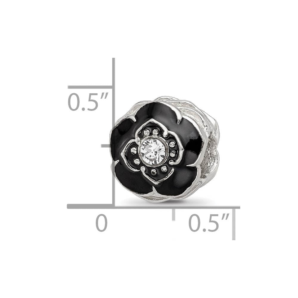 Alternate view of the Sterling Silver, Black Enamel & Crystal Antiqued Flower Bead Charm by The Black Bow Jewelry Co.