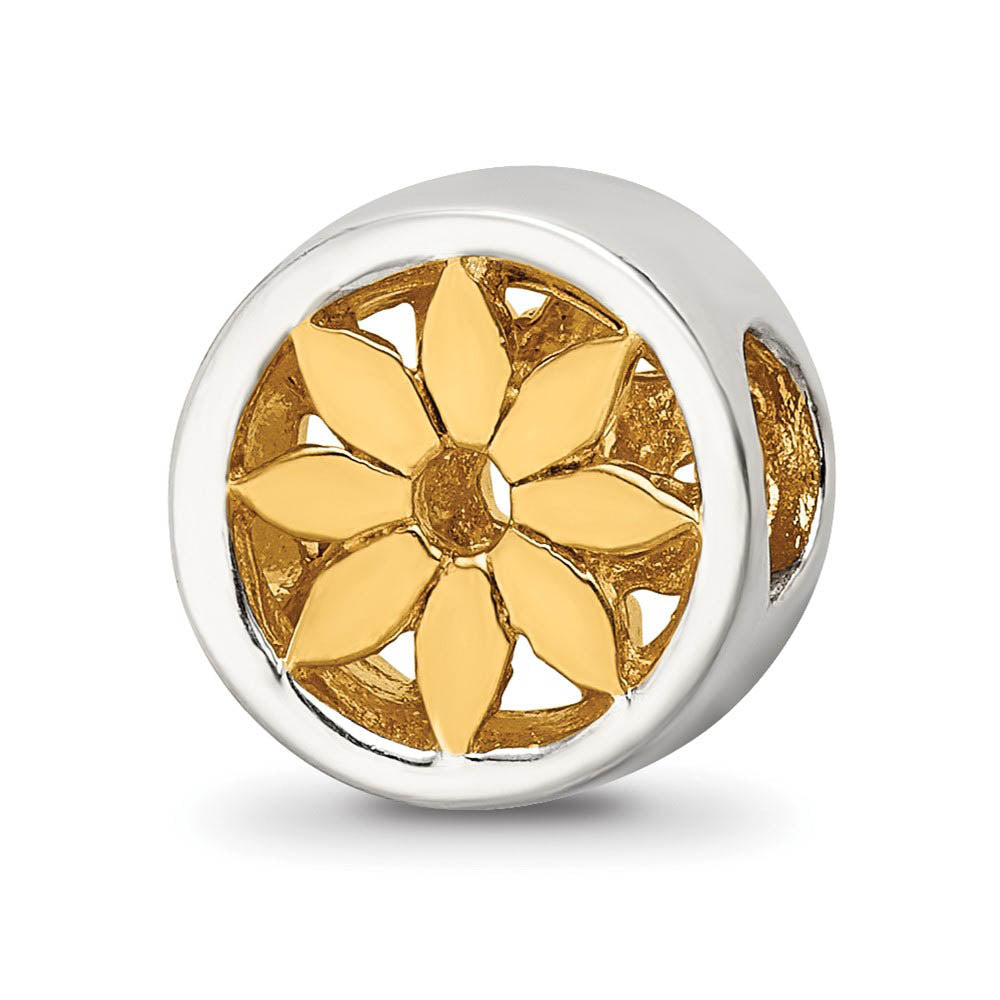 Sterling Silver and 14k Gold Plated Flower Cylinder Bead Charm, 10mm, Item B12087 by The Black Bow Jewelry Co.