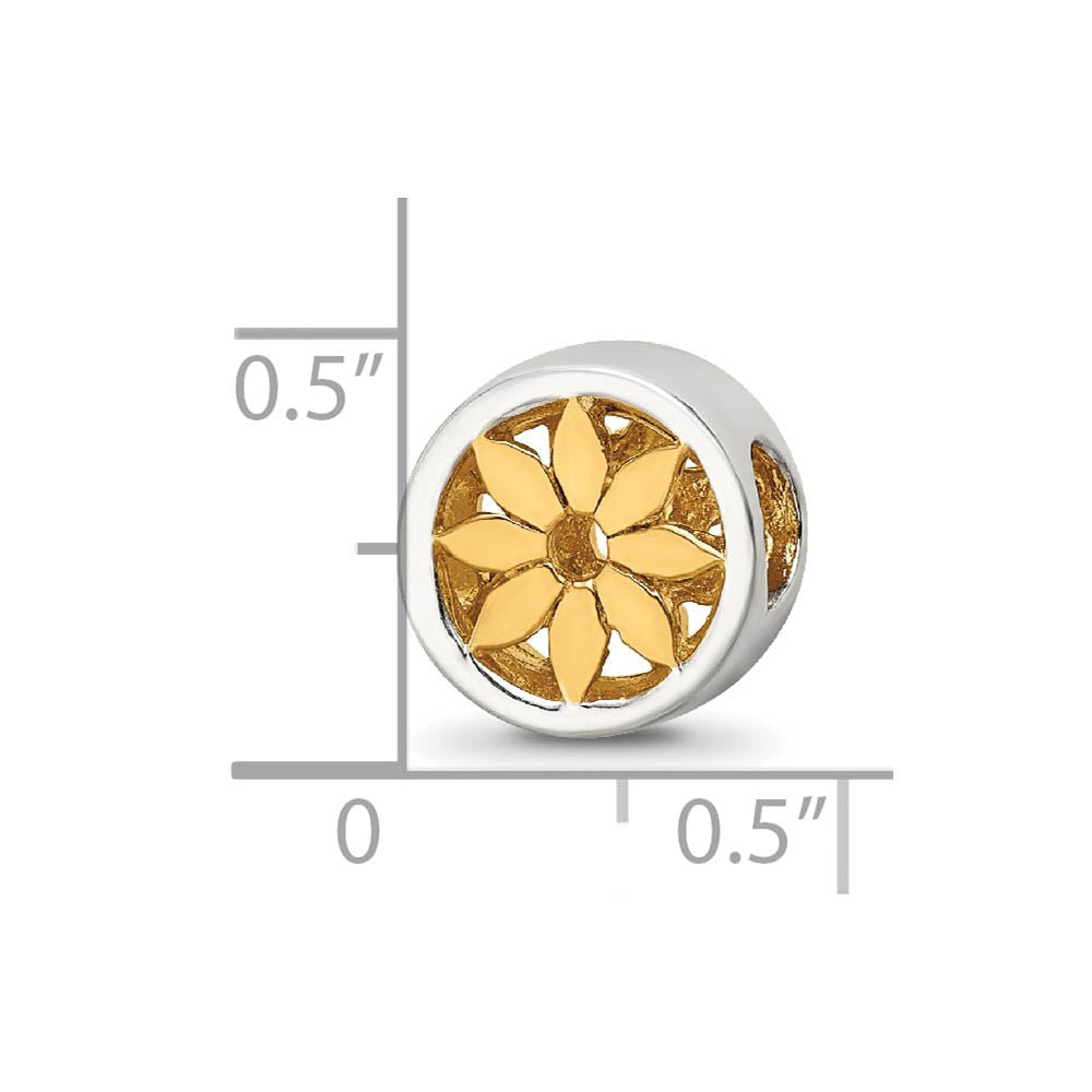 Alternate view of the Sterling Silver and 14k Gold Plated Flower Cylinder Bead Charm, 10mm by The Black Bow Jewelry Co.
