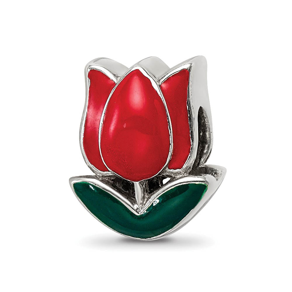 Sterling Silver, Red and Green Enameled Tulip Bead Charm, Item B12093 by The Black Bow Jewelry Co.