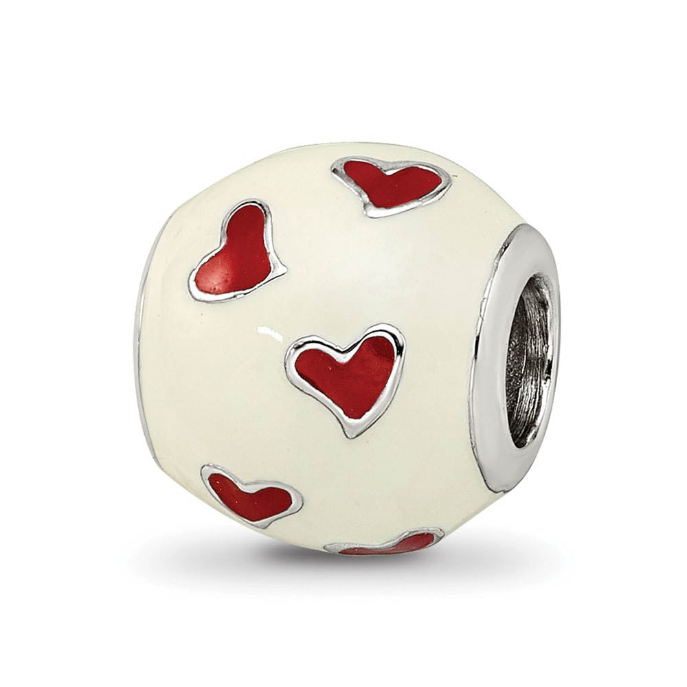 Sterling Silver, White & Red Enamel Heart Barrel Bead Charm, Item B12114 by The Black Bow Jewelry Co.