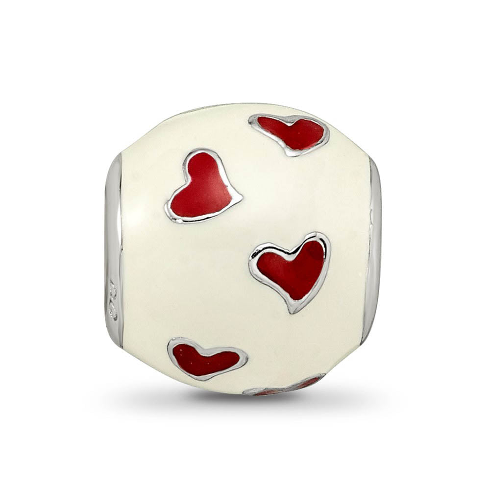Alternate view of the Sterling Silver, White & Red Enamel Heart Barrel Bead Charm by The Black Bow Jewelry Co.