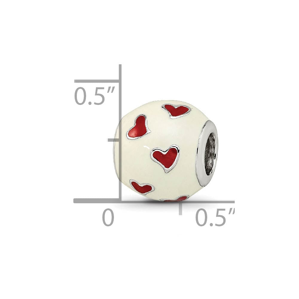 Alternate view of the Sterling Silver, White & Red Enamel Heart Barrel Bead Charm by The Black Bow Jewelry Co.