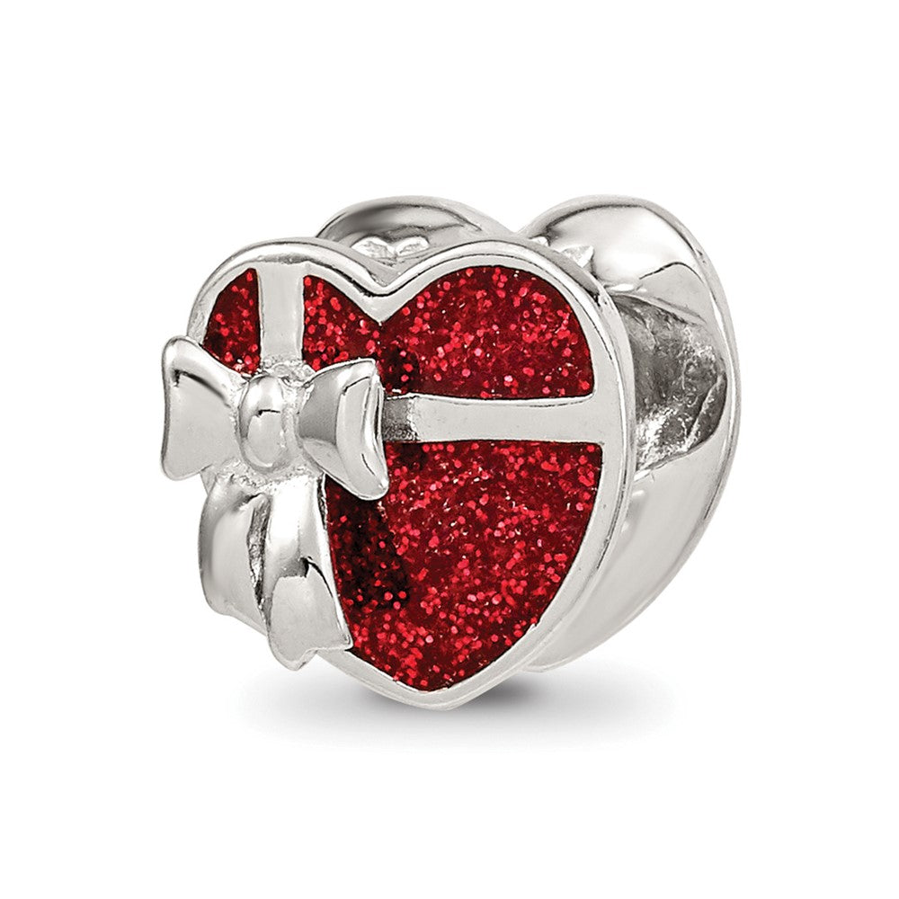 Sterling Silver &amp; Red Glitter Enamel Ribbon Wrapped Heart Bead Charm, Item B12115 by The Black Bow Jewelry Co.