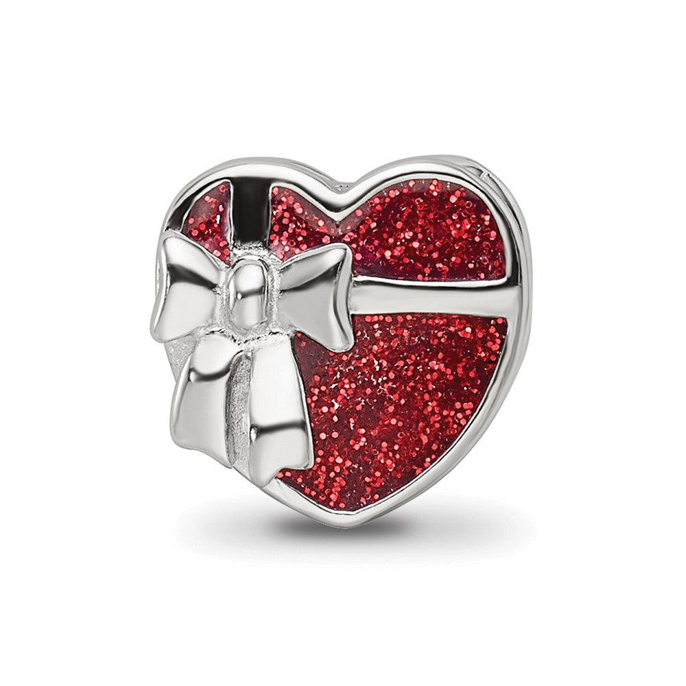Alternate view of the Sterling Silver &amp; Red Glitter Enamel Ribbon Wrapped Heart Bead Charm by The Black Bow Jewelry Co.