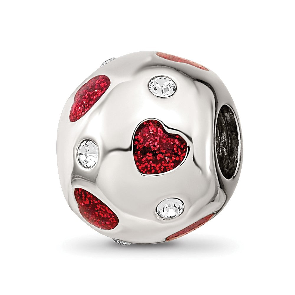Sterling Silver Red Glitter Enamel &amp; Crystals Hearts Bead Charm, Item B12121 by The Black Bow Jewelry Co.