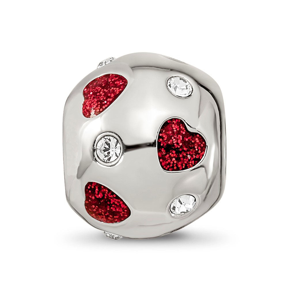 Alternate view of the Sterling Silver Red Glitter Enamel &amp; Crystals Hearts Bead Charm by The Black Bow Jewelry Co.