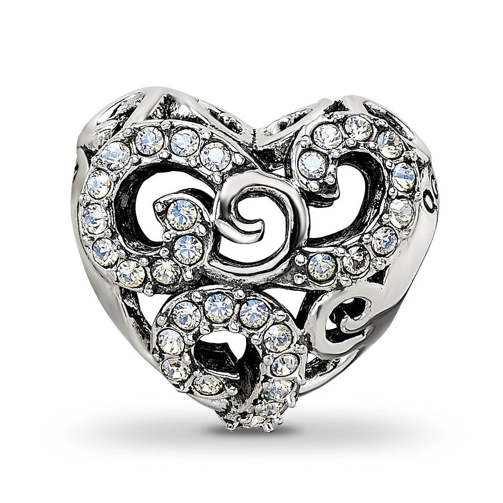 Alternate view of the Sterling Silver with White Crystals Filigree Heart Bead Charm by The Black Bow Jewelry Co.