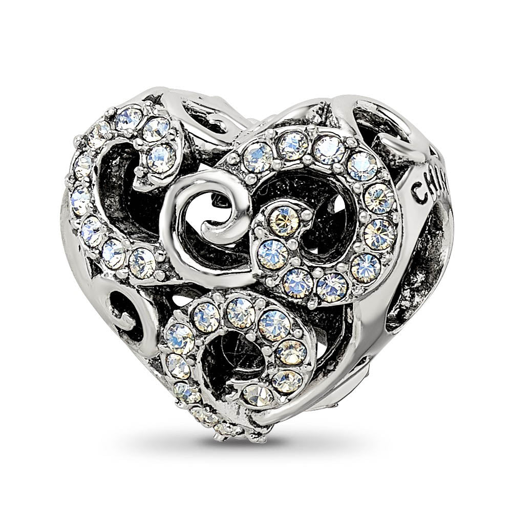 Alternate view of the Sterling Silver with White Crystals Filigree Heart Bead Charm by The Black Bow Jewelry Co.