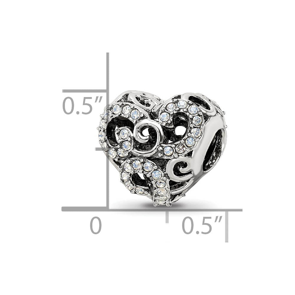 Alternate view of the Sterling Silver with White Crystals Filigree Heart Bead Charm by The Black Bow Jewelry Co.