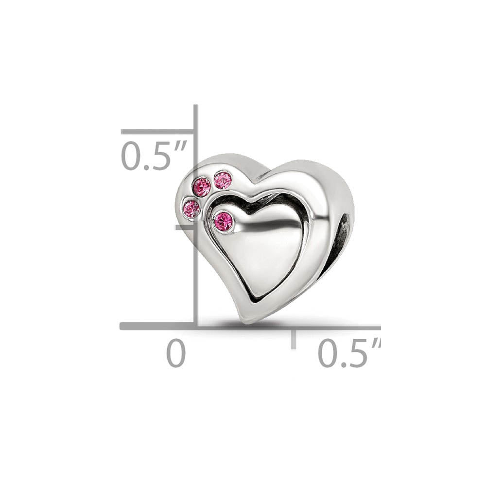 Alternate view of the Sterling Silver Pink Crystal 2 Piece Heart Bead Charm by The Black Bow Jewelry Co.