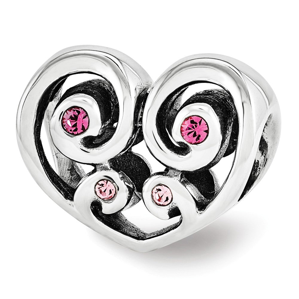Sterling Silver Pink Crystal Scroll Heart Bead Charm, Item B12125 by The Black Bow Jewelry Co.