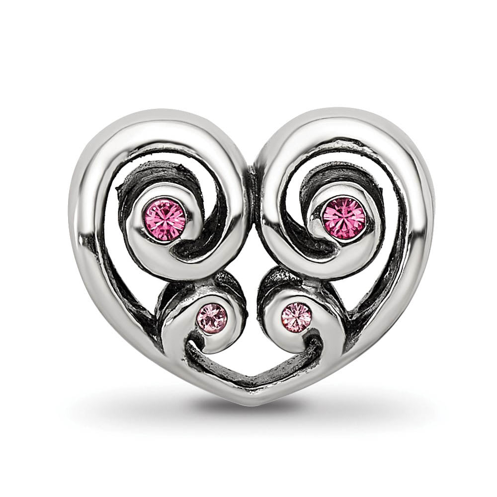 Alternate view of the Sterling Silver Pink Crystal Scroll Heart Bead Charm by The Black Bow Jewelry Co.
