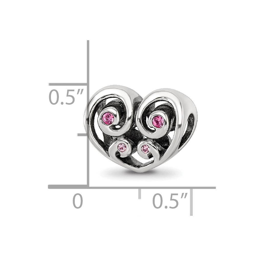 Alternate view of the Sterling Silver Pink Crystal Scroll Heart Bead Charm by The Black Bow Jewelry Co.