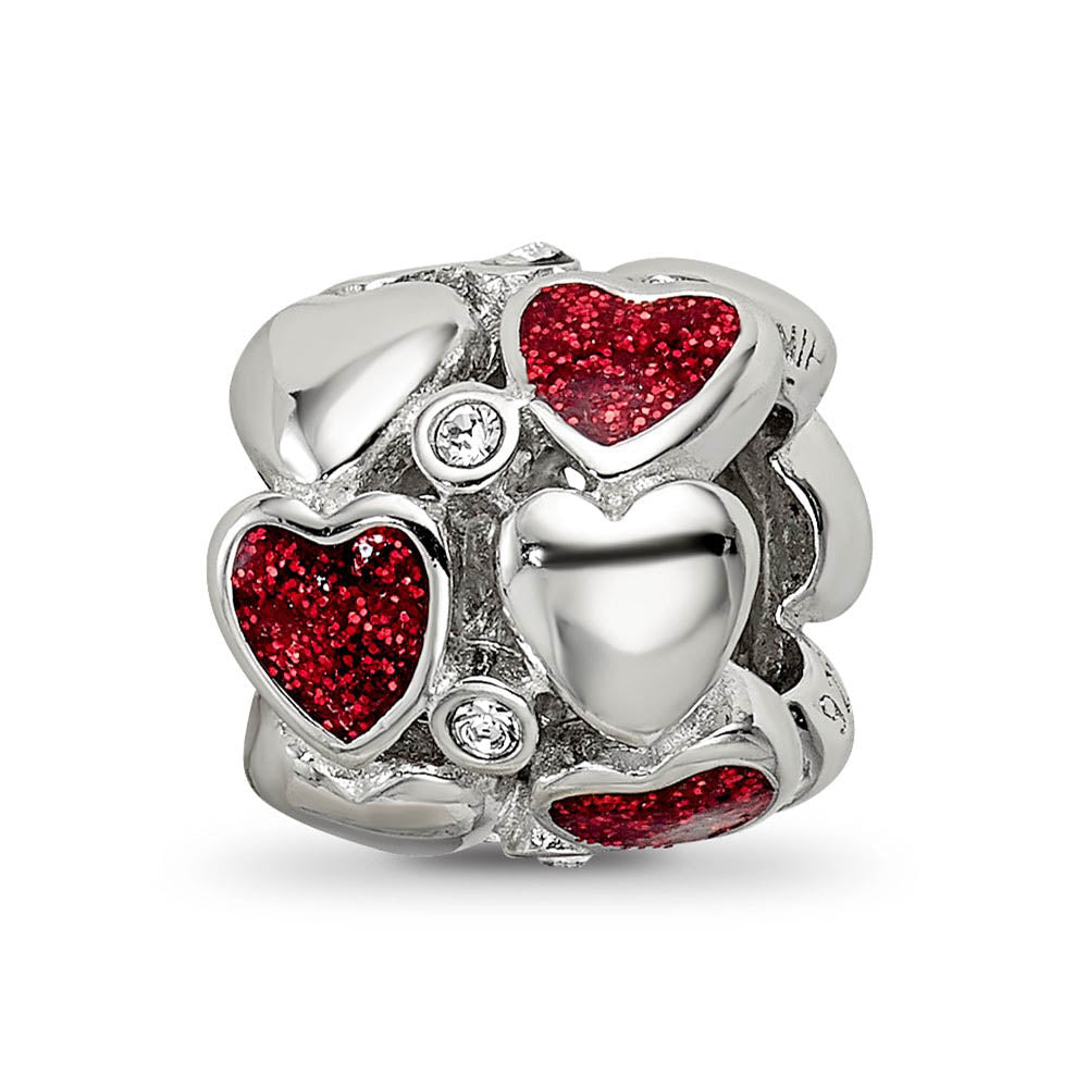 Alternate view of the Sterling Silver, Red Glitter Enamel & Crystal Dbl Row Heart Bead Charm by The Black Bow Jewelry Co.