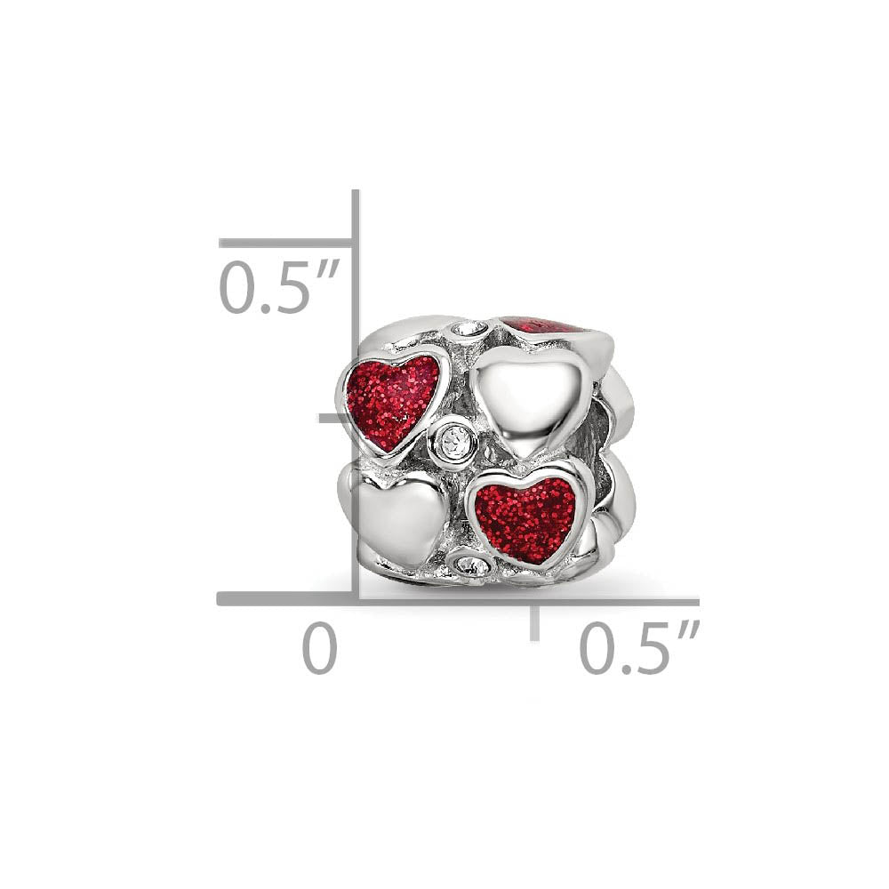 Alternate view of the Sterling Silver, Red Glitter Enamel & Crystal Dbl Row Heart Bead Charm by The Black Bow Jewelry Co.