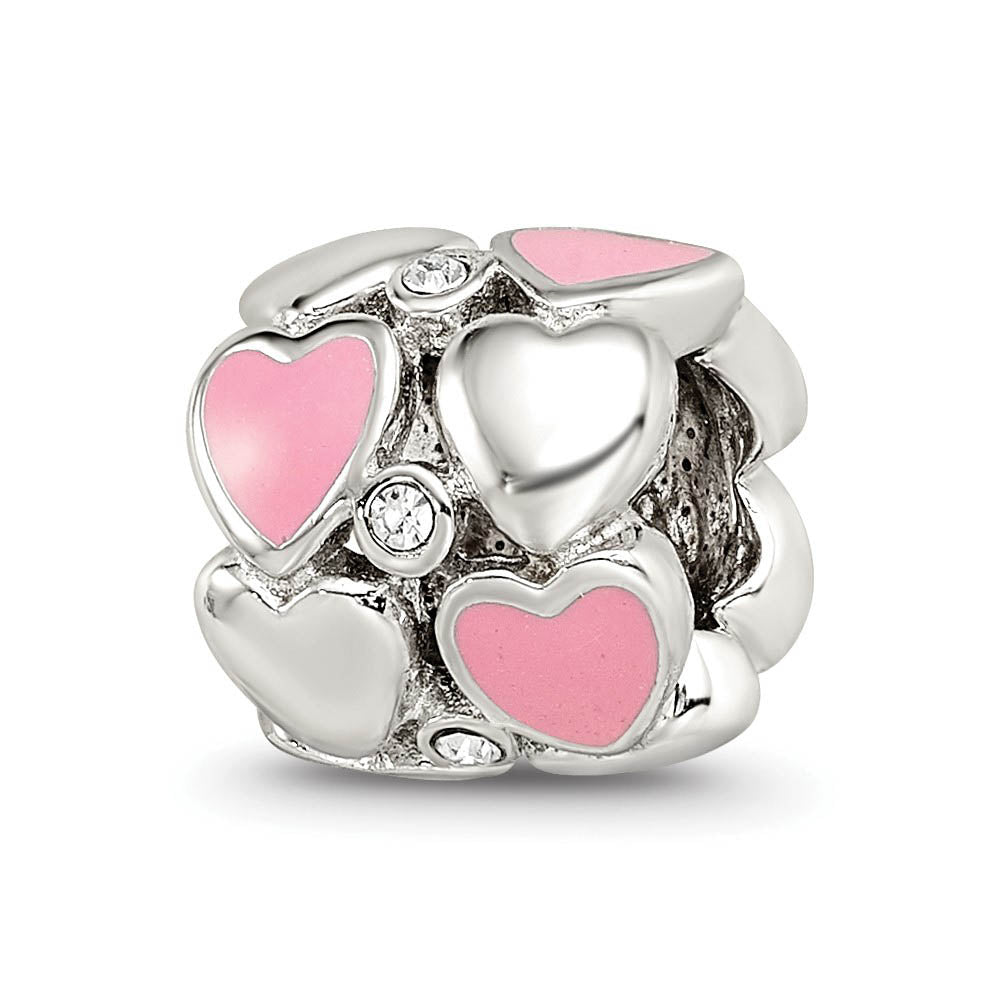Sterling Silver, Pink Enamel & Crystal Double Row Heart Bead Charm, Item B12128 by The Black Bow Jewelry Co.