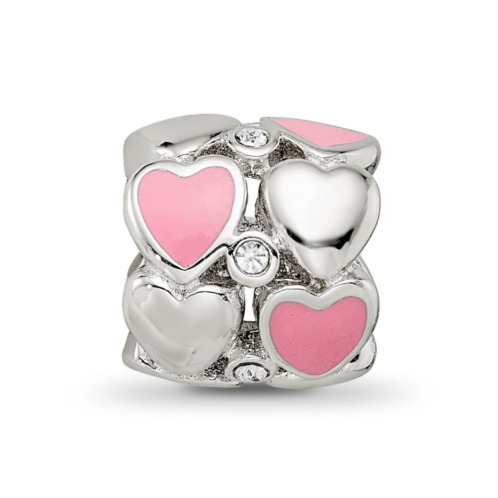Alternate view of the Sterling Silver, Pink Enamel & Crystal Double Row Heart Bead Charm by The Black Bow Jewelry Co.