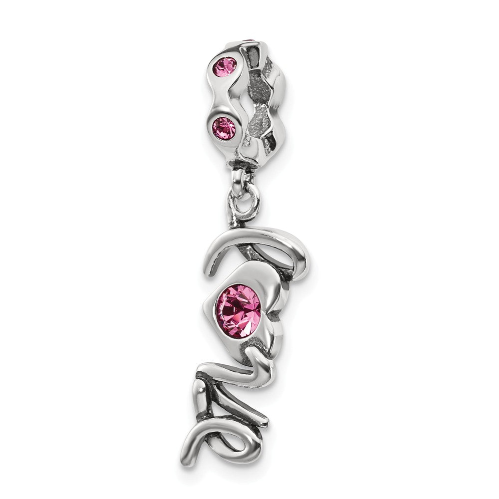 Sterling Silver and Pink Crystal LOVE Dangle Bead Charm, Item B12130 by The Black Bow Jewelry Co.