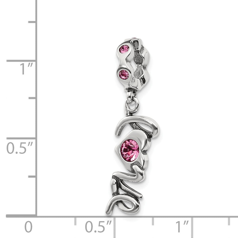 Alternate view of the Sterling Silver and Pink Crystal LOVE Dangle Bead Charm by The Black Bow Jewelry Co.