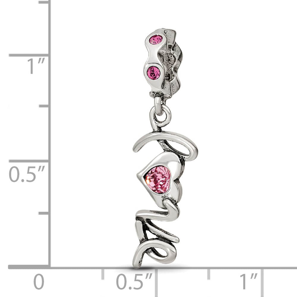 Alternate view of the Sterling Silver and Pink Crystal LOVE Dangle Bead Charm by The Black Bow Jewelry Co.