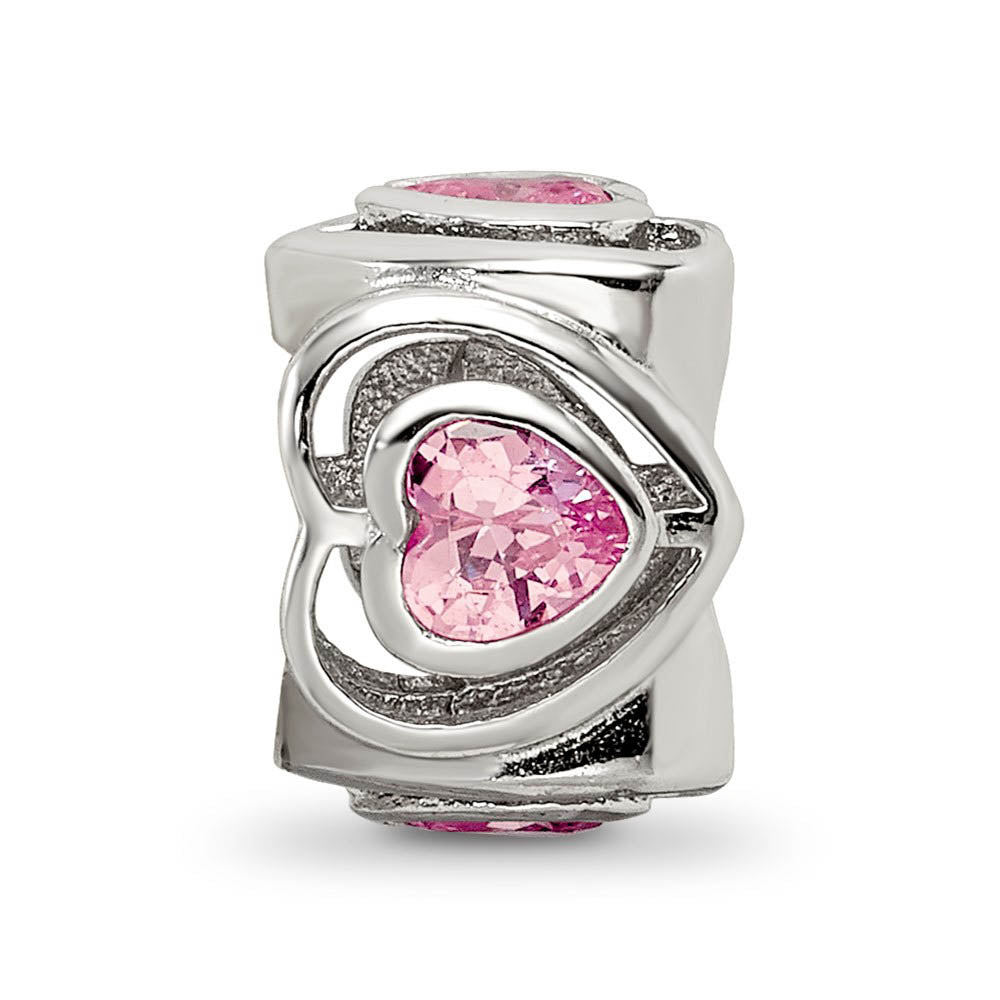 Alternate view of the Sterling Silver Pink Cubic Zirconia Four Sided Double Heart Bead Charm by The Black Bow Jewelry Co.