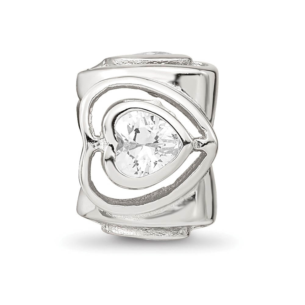Alternate view of the Sterling Silver Clear Cubic Zirconia Four Sided Dbl Heart Bead Charm by The Black Bow Jewelry Co.