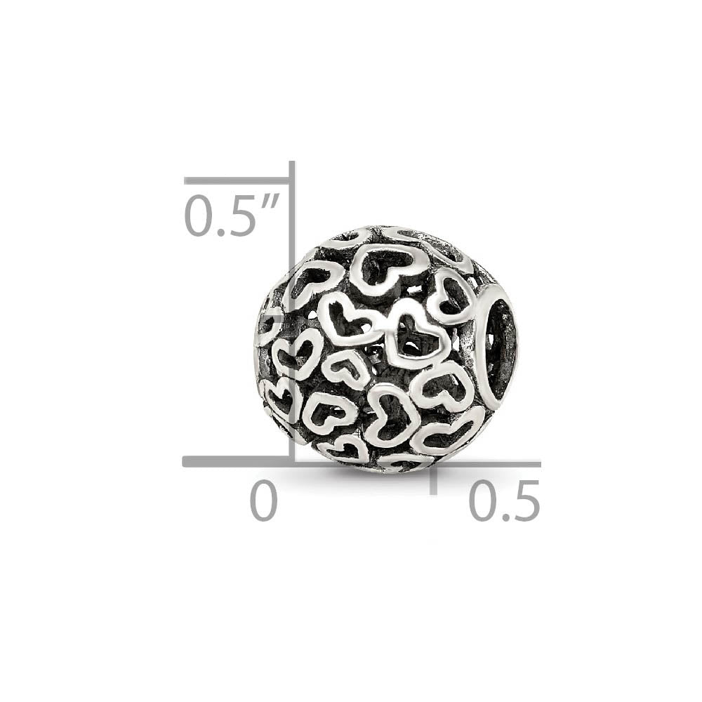 Alternate view of the Bali Open Hearts Bead Charm in Antiqued Sterling Silver by The Black Bow Jewelry Co.