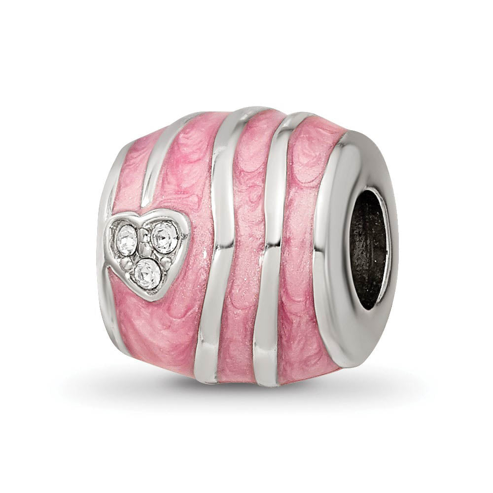 Sterling Silver, Pink Enamel, Crystals Heart Barrel Bead Charm, Item B12153 by The Black Bow Jewelry Co.